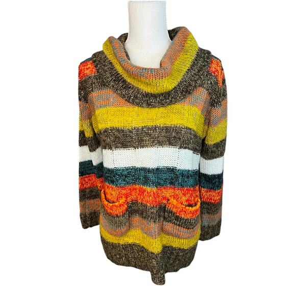Canyon river blues multicolor striped cowl neck sweater Y2K boho turtleneck - Picture 2 of 7